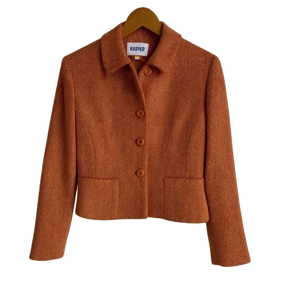 Kasper Wool Blazer Jacket | Burnt Orange Herringbone | Cropped Vintage | Size 4